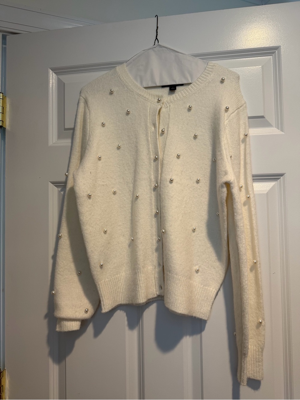Ann Taylor Cream Pearl-Appliqué Crewneck Cardigan